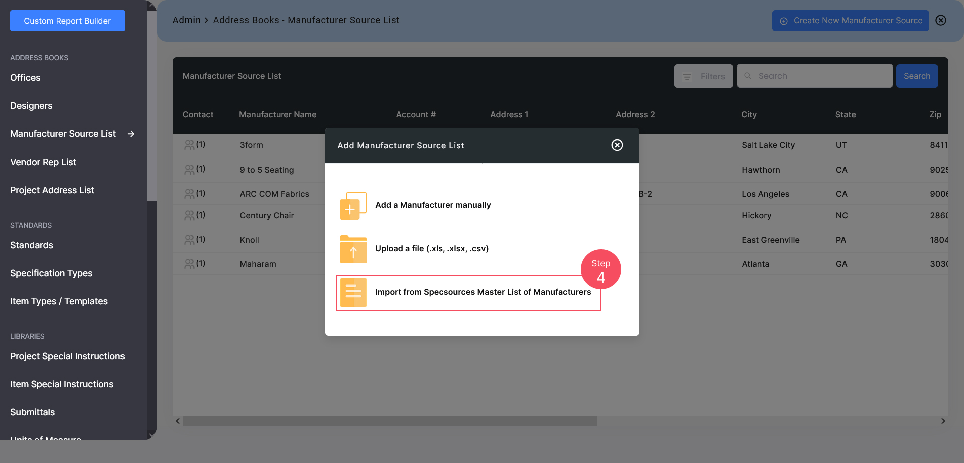 Option 3: Import from Specsources Master List of Manufacturers